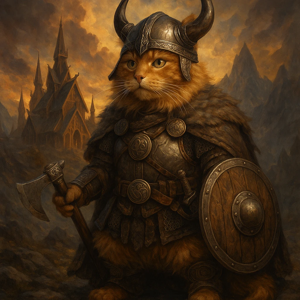 ginger cat dressed as a Viking warrior, Valhalla setting, majestic, fantasy style emoji