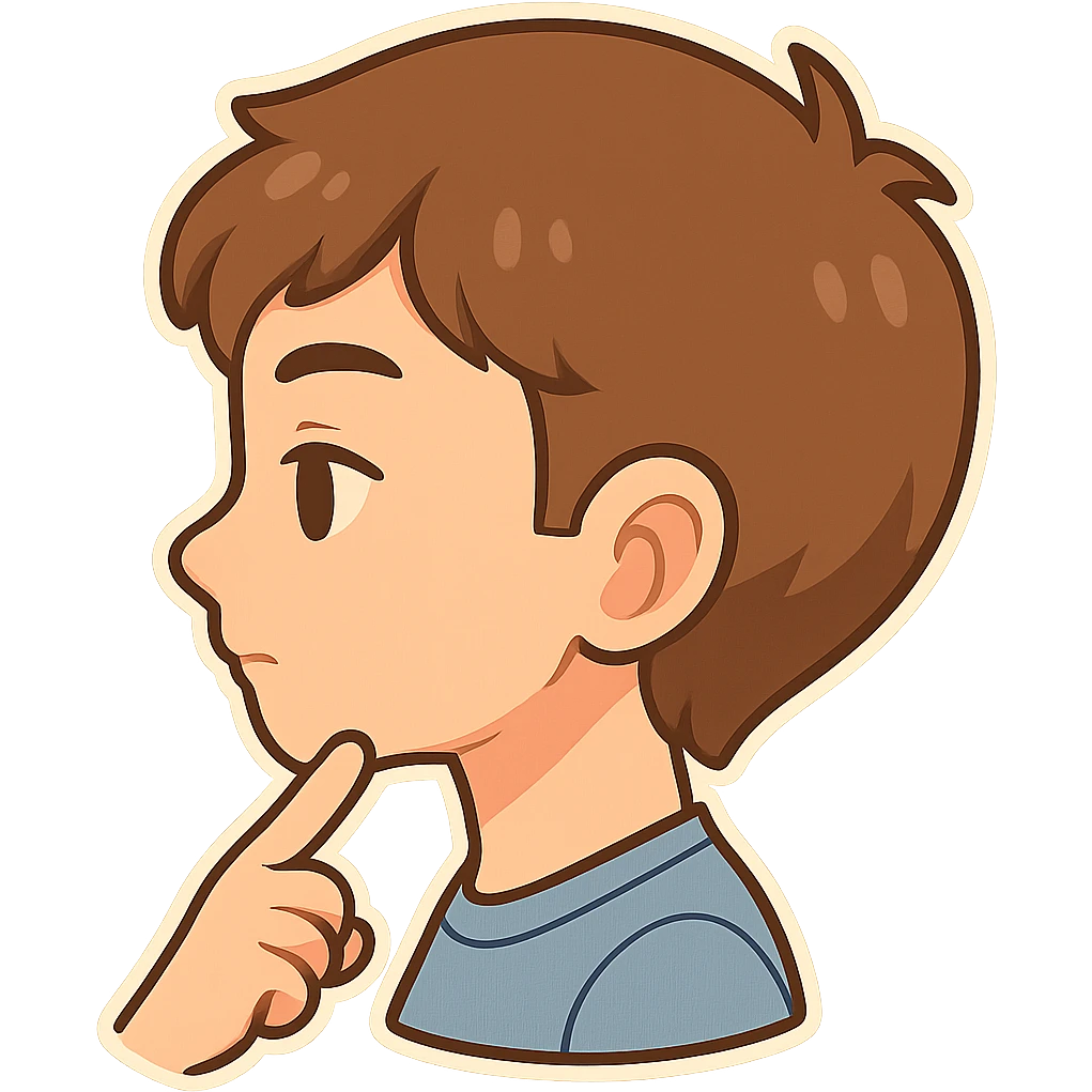 Add a finger pointing to the boy's chin, keep the chibi cartoon style, with no background. emoji