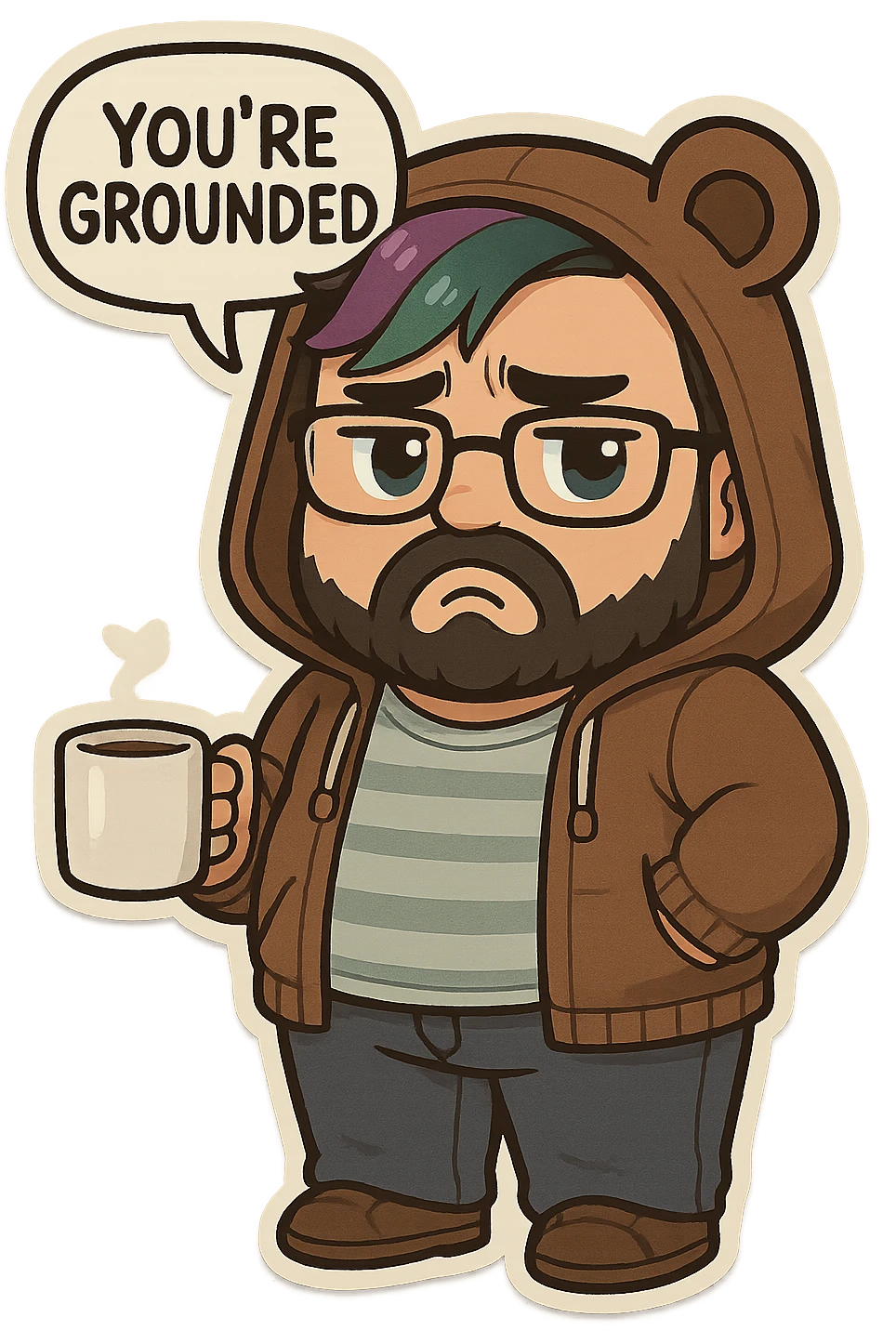 A realism art illustration art style of a plus-sizes man with purple to green ombre streak, black beard, blue eye, glasses, wearing a bear hoodie with ears,  dressed like a dad, holding a coffee mug, You’re grounded speech bubble, frowning  emoji