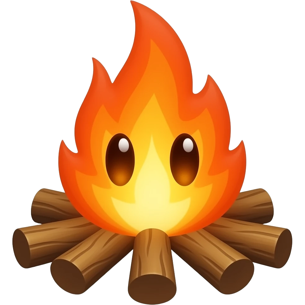 A campfire with wooden legs and with glowing orange eyes facing forward facing forward emoji