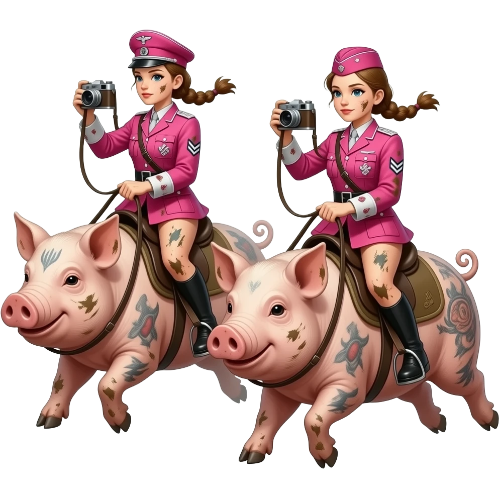 cinematic realistic - Two skinny and dirty female riders in pink German army uniforms from World War II ride jumping on large tattooed pigs with antique cameras in their hands. emoji
