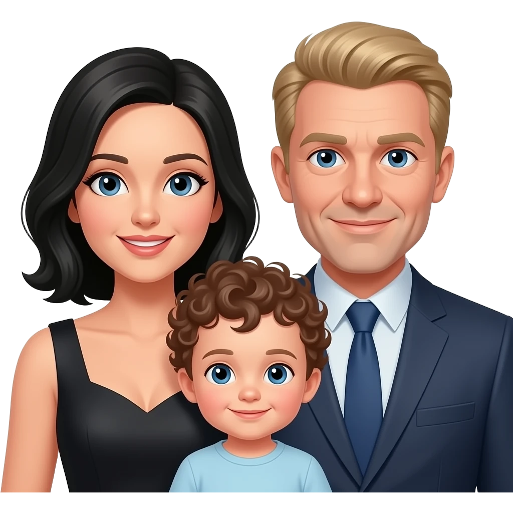 Family of 3 in formal attire, mom wearing dress , blond older dad , black  younger mom and mix baby boy with curly hair emoji