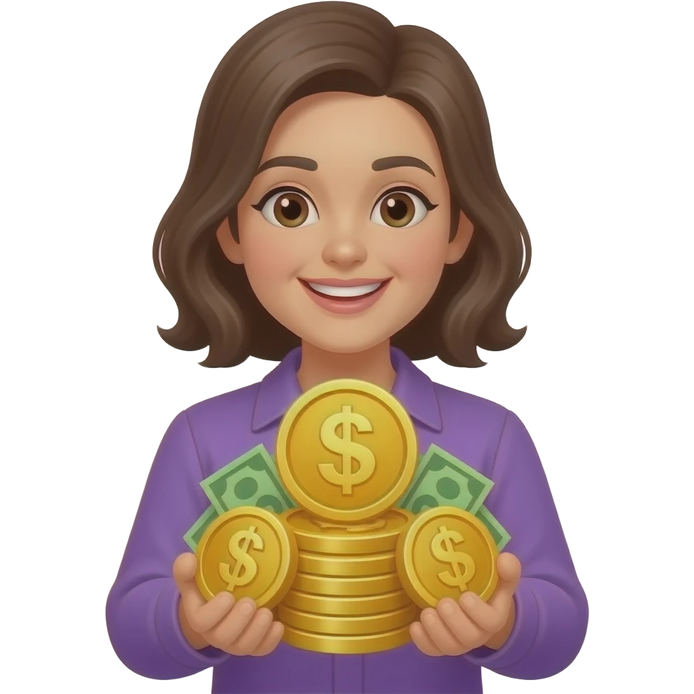 Счастливая женщина с кучей золота без валюты и значков на деньгах  свитки, чтобы не видно было, что доллар, в фиолетовой одежде emoji