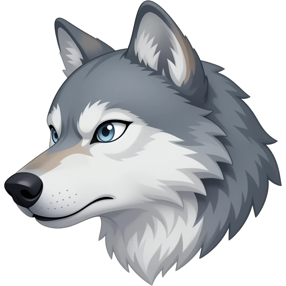 angry face light gray wolf head little bit anime eyes realistic Turn sideways light blue gray eyes emoji