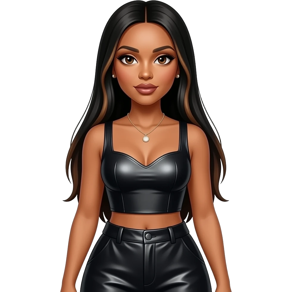 Aaliyah with dark brown eyes, long black straight hair with brown highlights, black metallic sleeveless sweetheart crop top, black metallic baggy pants, necklace and earrings emoji