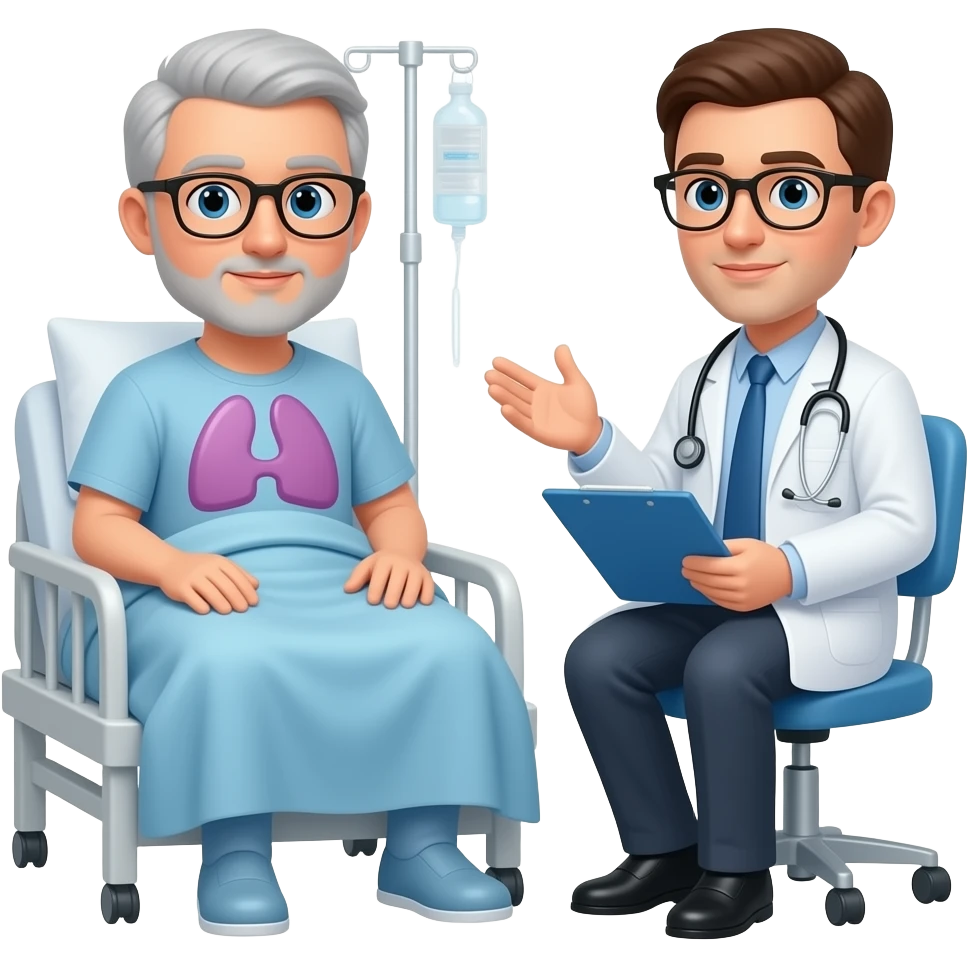 paciente con cáncer de pulmón en consulta hospitalaria con médico emoji