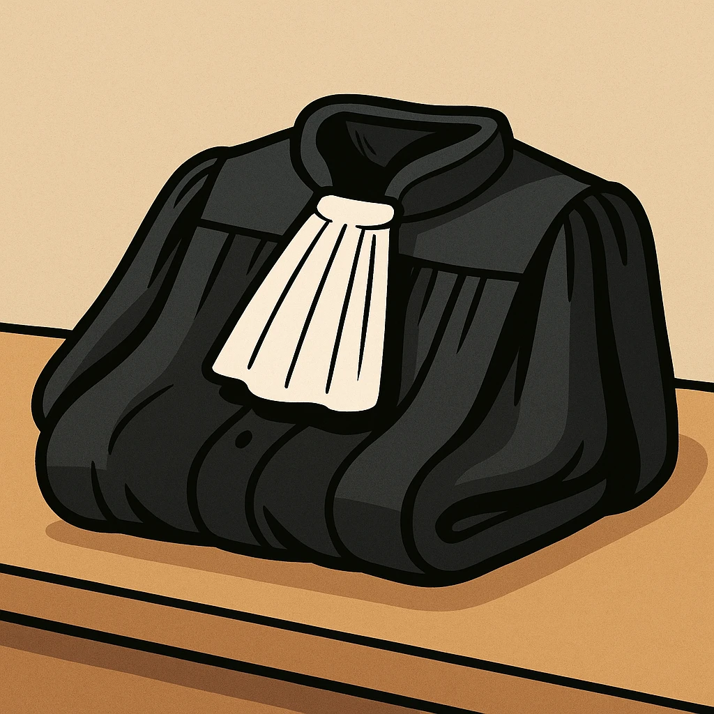 a folded lawyer's robe with visible white collar, resting on a table, minimalistic style emoji