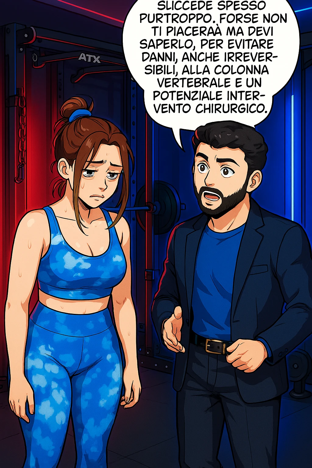 fai questa immagine in versione fumetto/manga/webtoon a colori, il manga mostra l'uomo che risponde alla donne:
Succede spesso purtroppo. 
Forse non ti piacerà ma devi saperlo, per evitare danni, anche irreversibili, alla colonna vertebrale e un potenziale intervento chirurgico. emoji