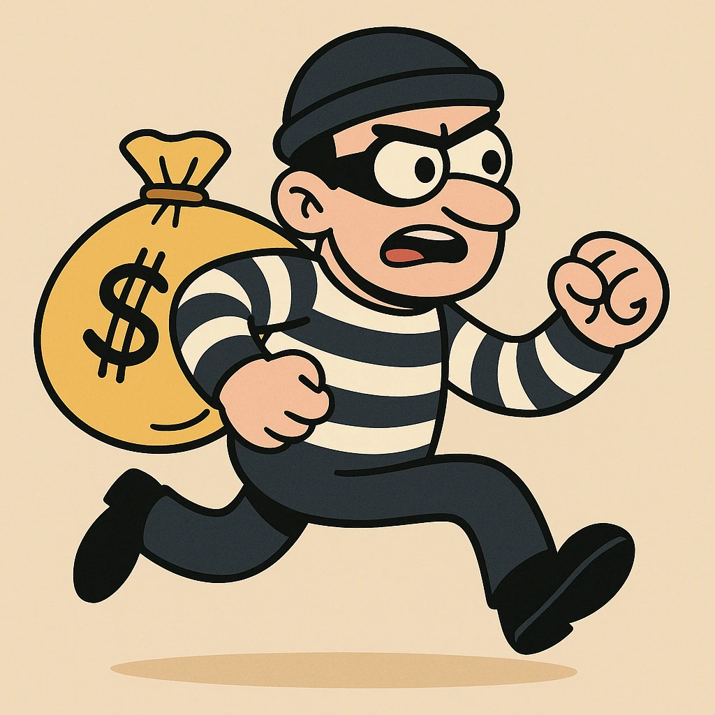 black and white striped robber man carrying a yellow bag of money, cartoon style emoji