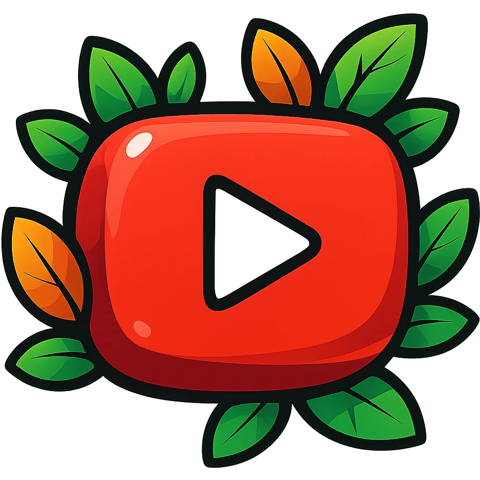 Super soft, chunky YouTube logo in vibrant toon style with thick outline, dramatic solid shadows, shiny graphic highlights, surrounded by vivid leaves, no background. Focus on contours, shadows, and glossy effects, matching the reference style, but keep everything flat and illustrated, not realistic. emoji