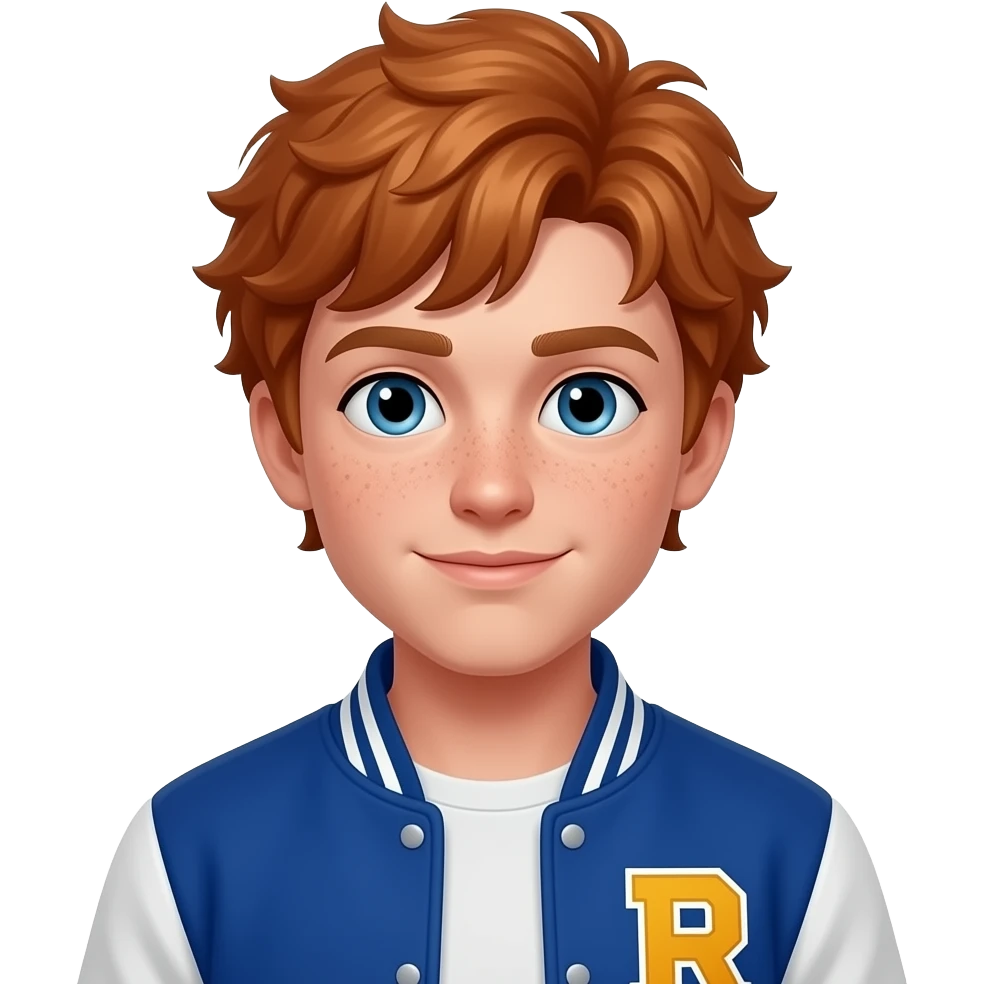 Male, teen, messy red hair, freckles, varsity jacket emoji