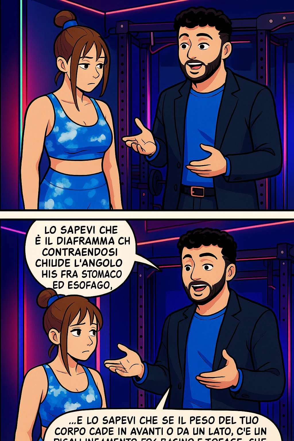 TRASFORMA QUESTO CAROSELLO IN UN FUMETTO STILE WEBTOON/MANGA A COLORI CON QUESTE DUE PERSONE IDENTICHE CHE INTERLOQUISCONO TRA LORO, L'uomo sta spiegando alla donna questo concetto:

LUI (UOMO): Hai controllato diaframma e baricentro corporeo?
LUI (UOMO): Lo sapevi che è il diaframma che contraendosi chiude l’angolo his fra stomaco ed esofago, contenendo la risalita degli acidi grassi?
LUI (UOMO): …e lo sapevi che se il peso del tuo corpo cade in avanti o da un lato, c’è un disallineamento fra bacino e torace, che comprimendo le coste, limita la motilità del diaframma e quindi il contenimento del reflusso? emoji