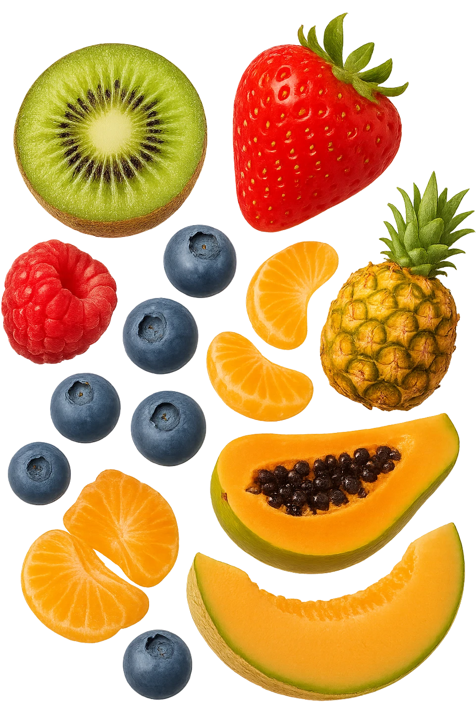 emoji stile iphone 3d di kiwi, fragole, lamponi, mirtilli, ananas, mandarini, papaya, melone cantalupo
 che fluttuano in aria, iperealistico 4k emoji