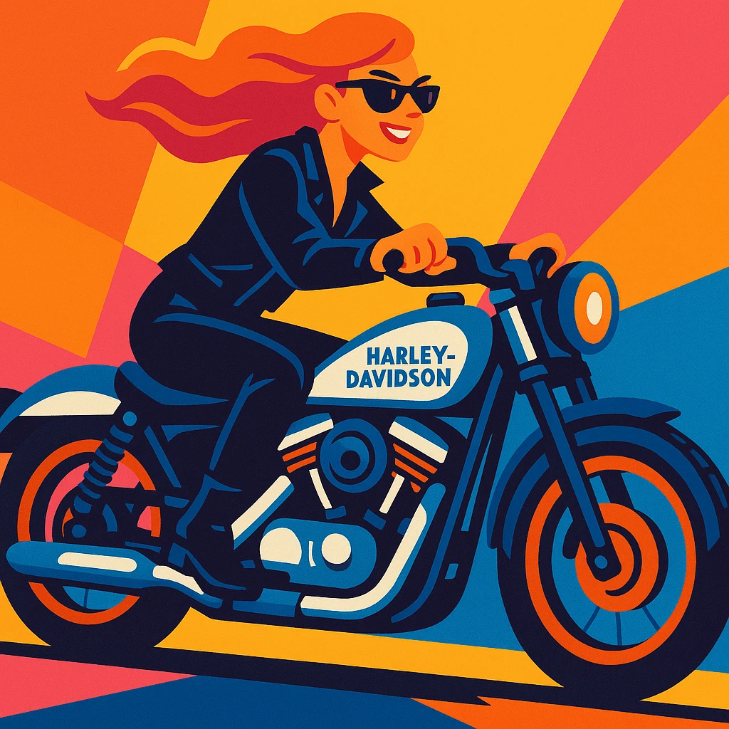 A woman in a black leather jacket and pants on a white and blue Harley Davidson, side view, energetic, modern vibrant toon style illustration emoji