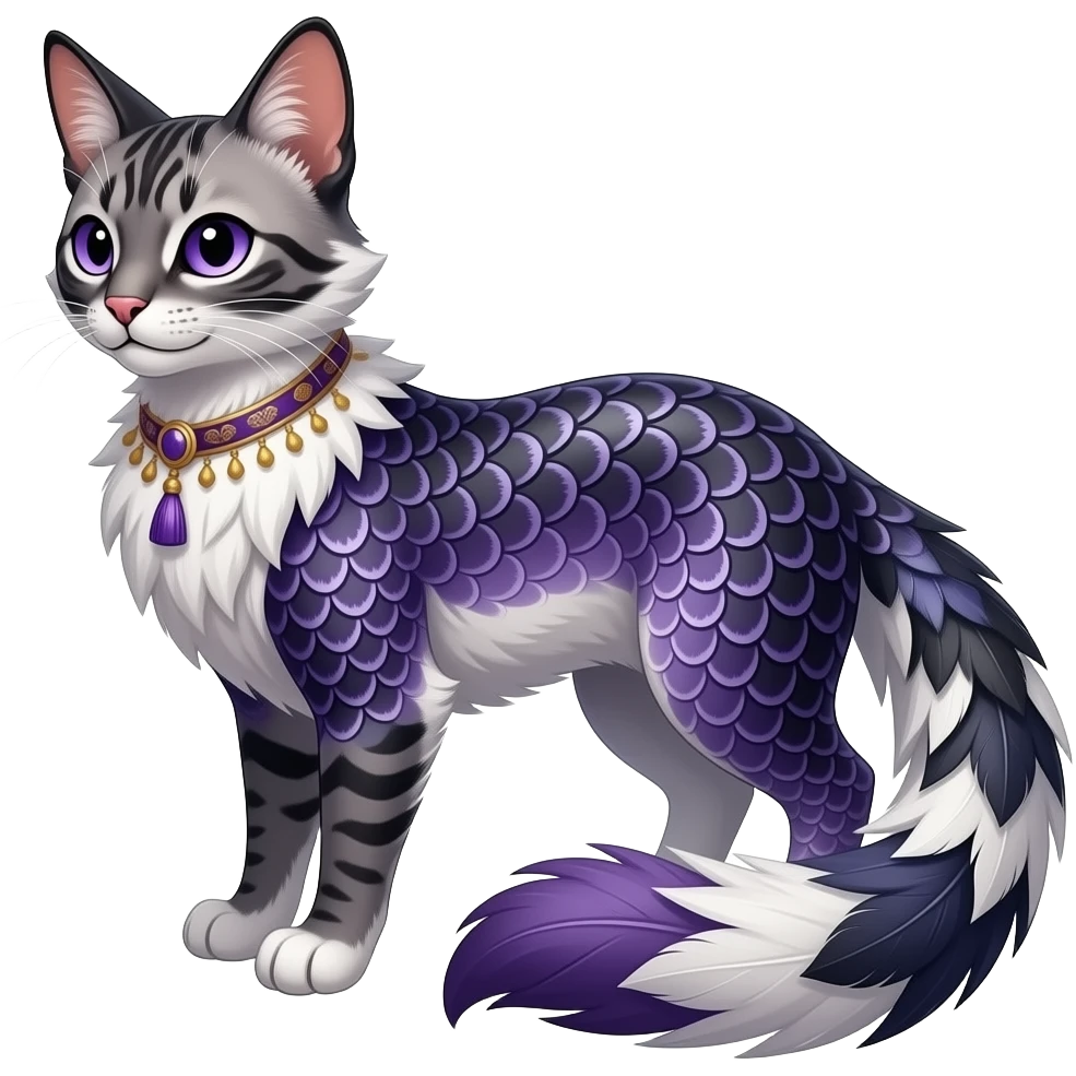 Slim elegant realistic Asian Furry, imperial-patterned feathery fluffy tropical flecked painted feathery scaly, Purple, white, black, Minccino-Bambino-Lykoi-Linoone-Zangoose-fusion-hybrid-animal-Fakémon-creature, full body, thin long sleek scaly tail, intricate markings emoji