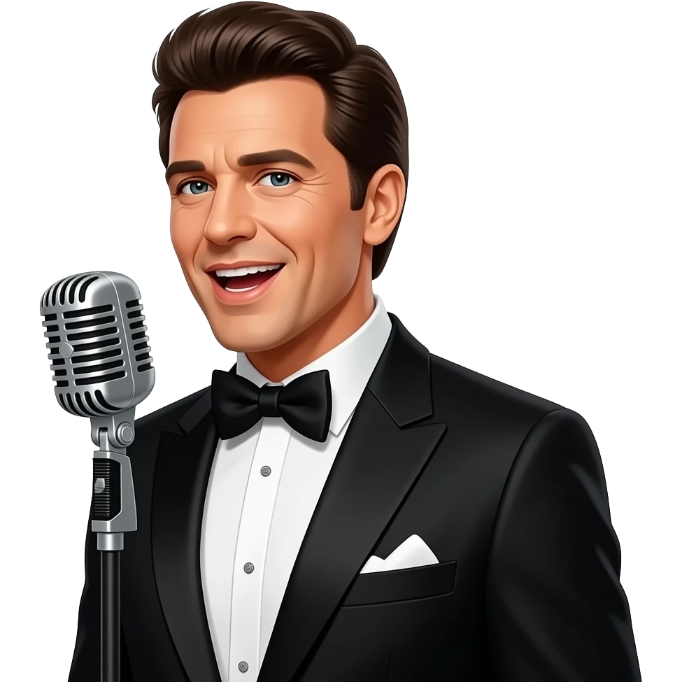 solarpunk portrait of musician Falco - wearing black tailcoat and sings on a retro vintage antique microphone emoji