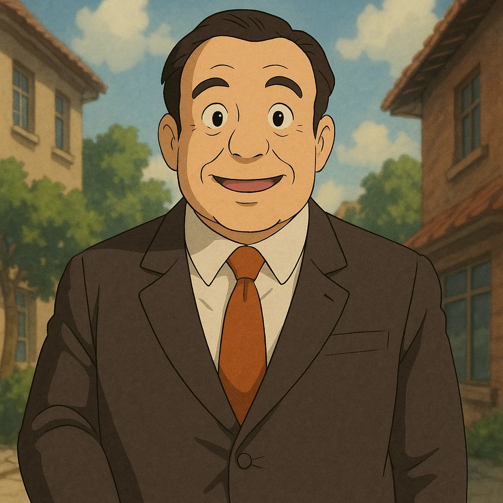 typical salesman wearing a suit with a friendly expression in ghibli style emoji