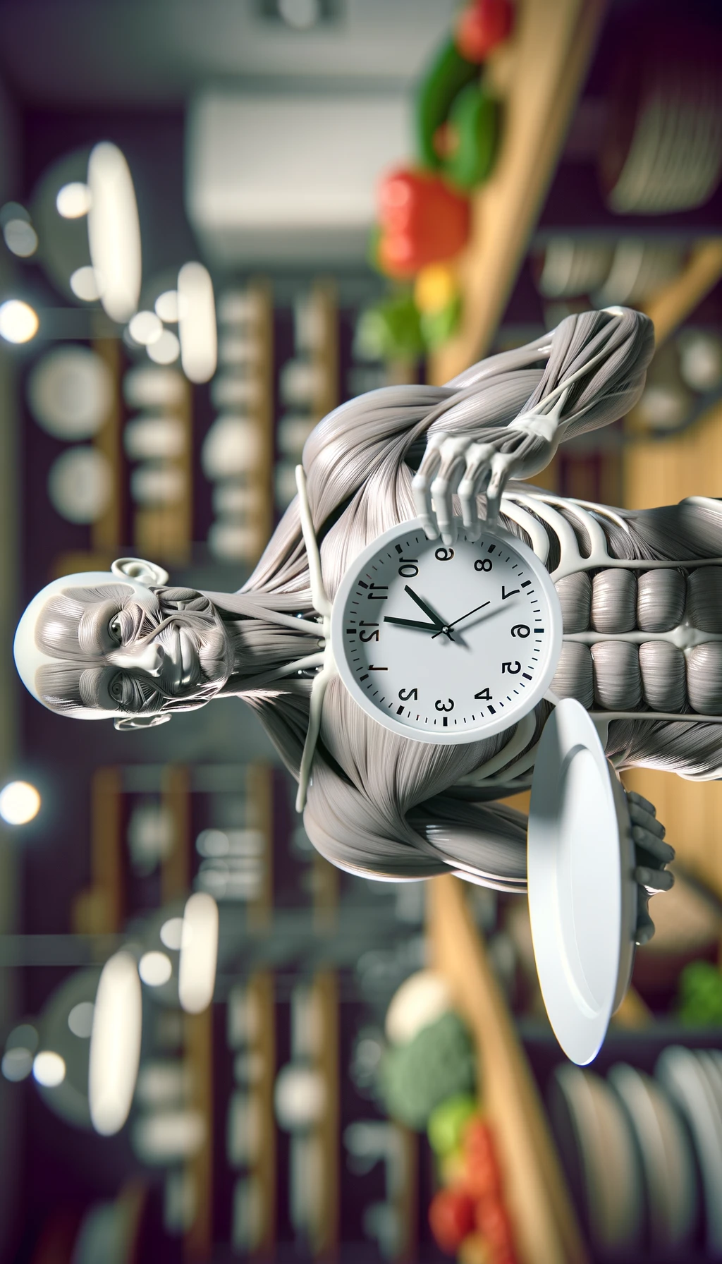 corpo umano anatomico, che tiene in mano un piatto bianco con la lancette di un orologio sopra, figura visibile fino ai fianchi, espressione del volto soddisfatta, sullo sfondo la sua cucina sfocata, iperrealistico 4k emoji