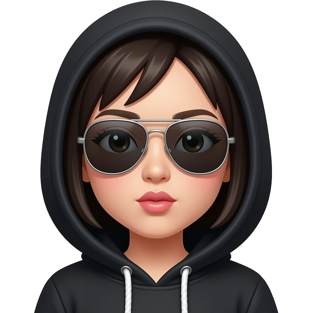 Asian girl with black hoodie with hoodie up, wearing aviator sunglasses, pouting emoji