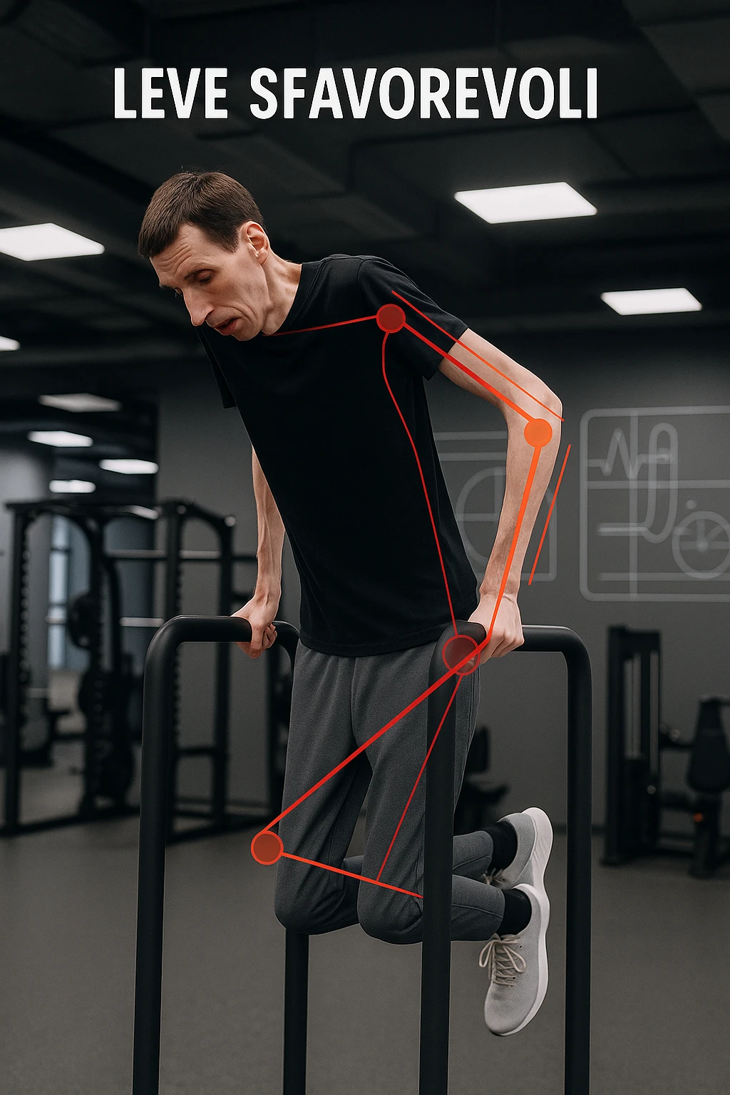 a tall, lean man with very long arms and a short torso attempts a dip on parallel bars. His elbows are deeply bent and his body appears awkwardly positioned, highlighting the mechanical disadvantage. An overlay shows anatomical lines and angles, with labels explaining “Leve Sfavorevoli” The background is a modern gym, with a focus on biomechanics. in italiano emoji