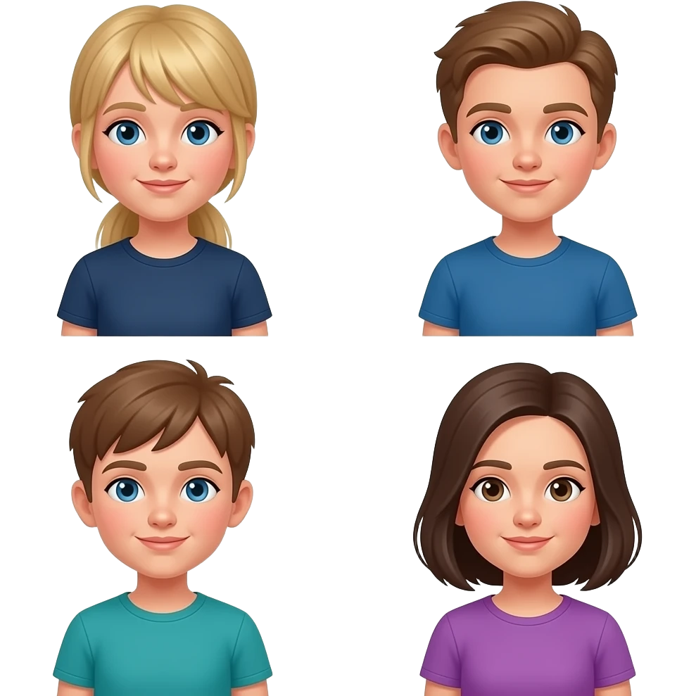 Older Girl light blonde hair blue eyes, girl with light brown hair in ponytail with bangs and blue eyes and dark blue t-shirt, boy light brown hair blue green t-shirt, girl dark Brown shoulder length hair brown eyes purple t-shirt emoji
