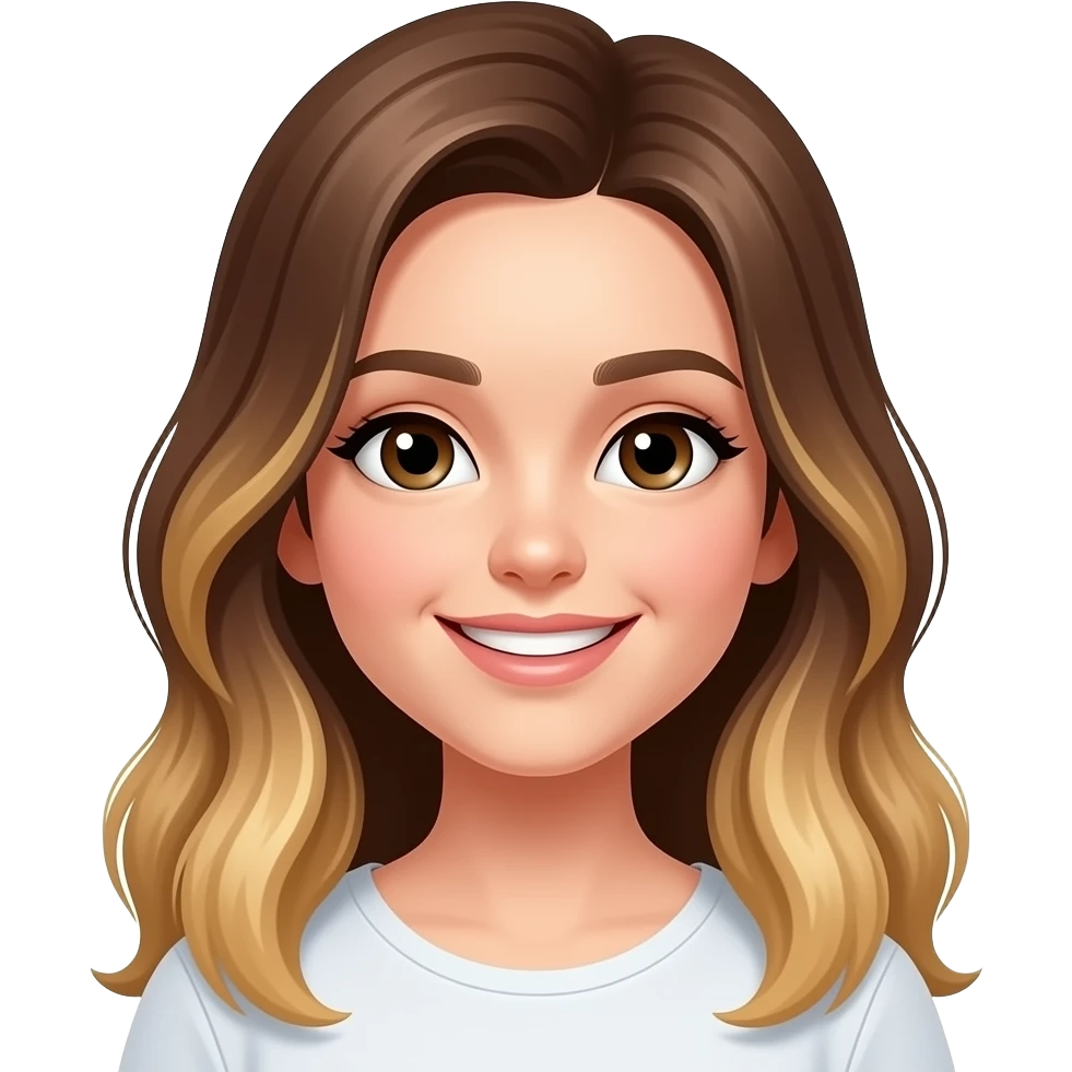 Un emoji donde la chica risada con el cabello largo color castaño y con las puntas rubias ojos café oscuros y sonrisa suave emoji