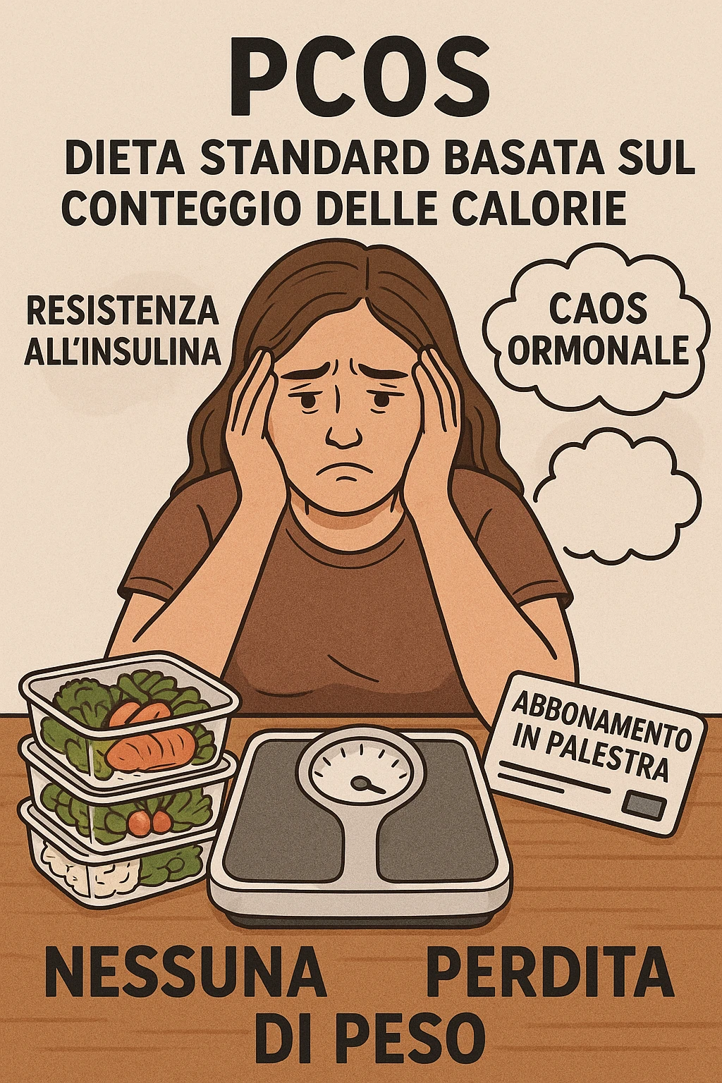 "Desperate woman with PCOS following standard calorie-counting diet, scale showing no weight loss despite strict adherence, expression of confusion and defeat, meal prep containers with healthy foods, insulin resistance making normal dieting ineffective, hormonal chaos overriding caloric deficit principles, gym membership unused due to lack of results scritte in italiano emoji