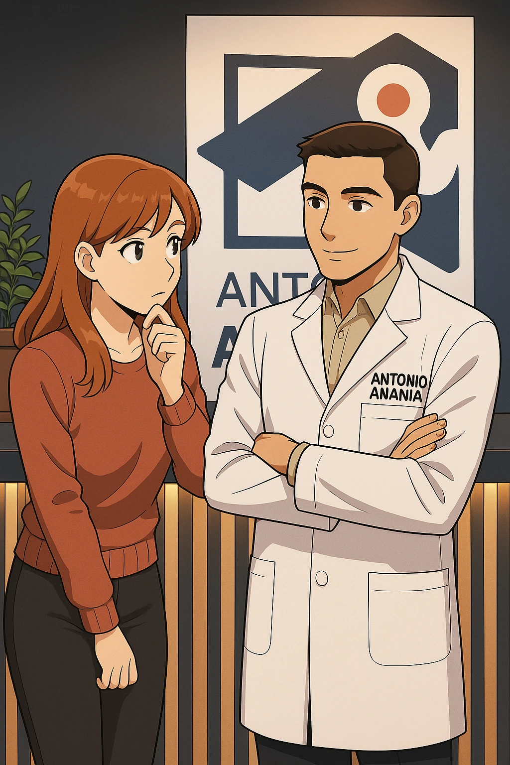 su questo stile fai un manga/webtoon a colori in cui una donna SI TOCCA IL MENTO MENTRE FA UNA DOMANDA ALL'UOMO, l'uomo della foto in stile manga LE SPIEGA CHE DEVE PROVARE LA SUA VALUTAZIONE MEDICA, mantieni un ambiente simile alla foto che ho allegato con il suo logo (sarebbe il suo studio, lui è un kinesiologo), scrivigli "ANTONIO ANANIA" sul camice bianco, non mettere fumetti, ma fai in modo che sembri che la donna CHIEDA E  l'uomo RISPONDA emoji