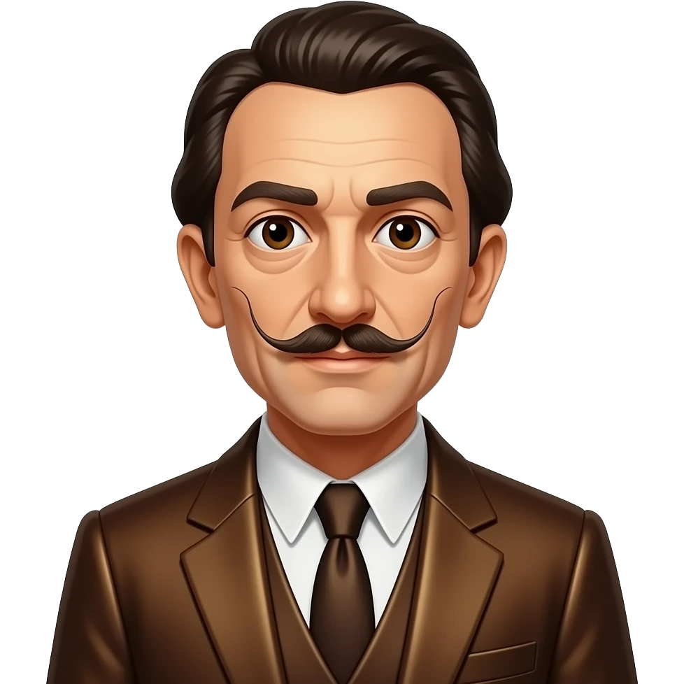 Salvador Dalí with dark brown eyes, dark brown hair and thin mustache, rich brown metallic suit emoji