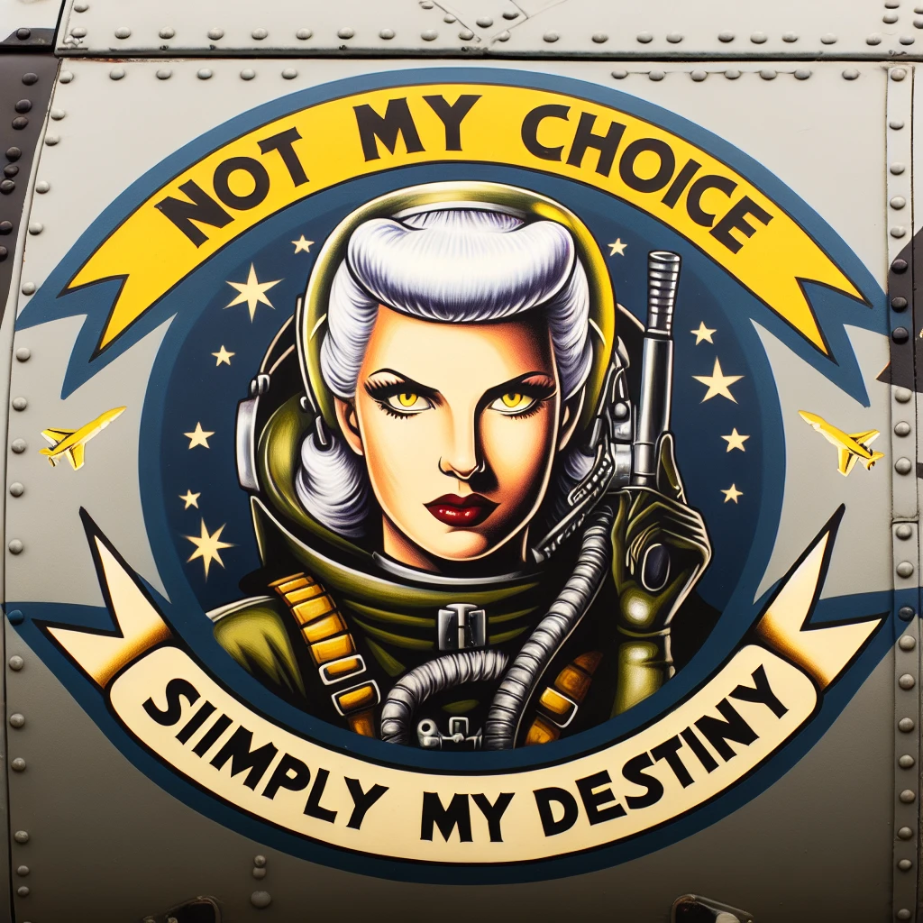 a retro military pinup fuselage decoration for the motto " not my choice, simply my destiny "
the female figure, white hair 1 braid, gold yellow eyes, spacer, fierce, exo-rogue, menacing emoji