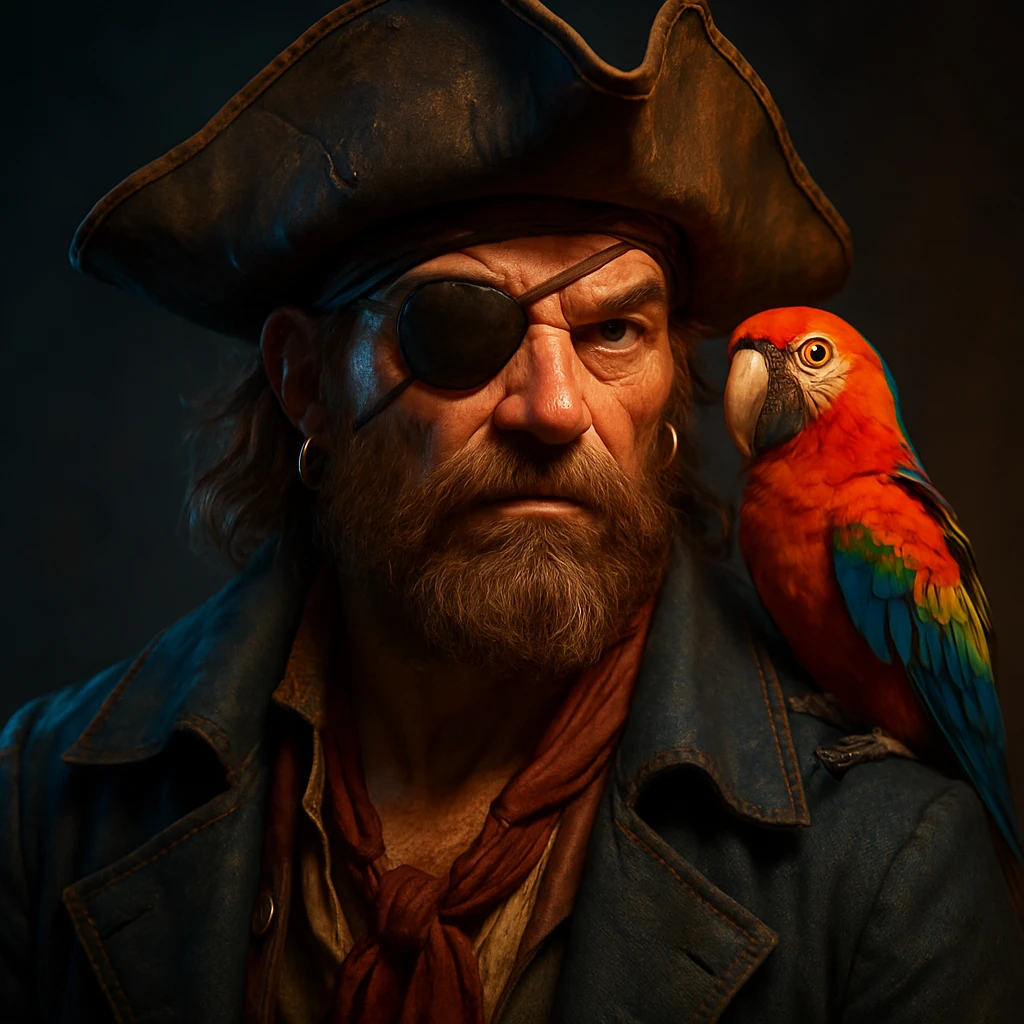 3d digital art of a pirate with eye patch and parrot in emoji