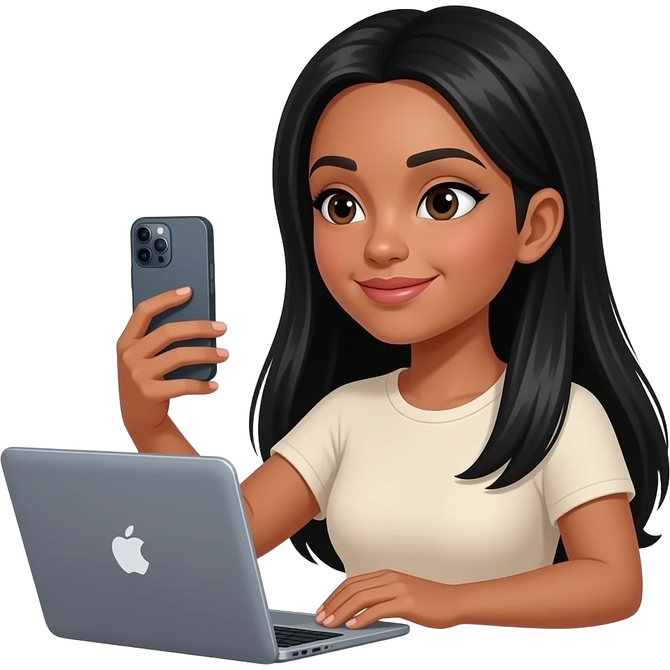 Mujer con cabello negro largo lacio de piel normal grabandose con su iphone a ella misma y una mackbook a su lado emoji