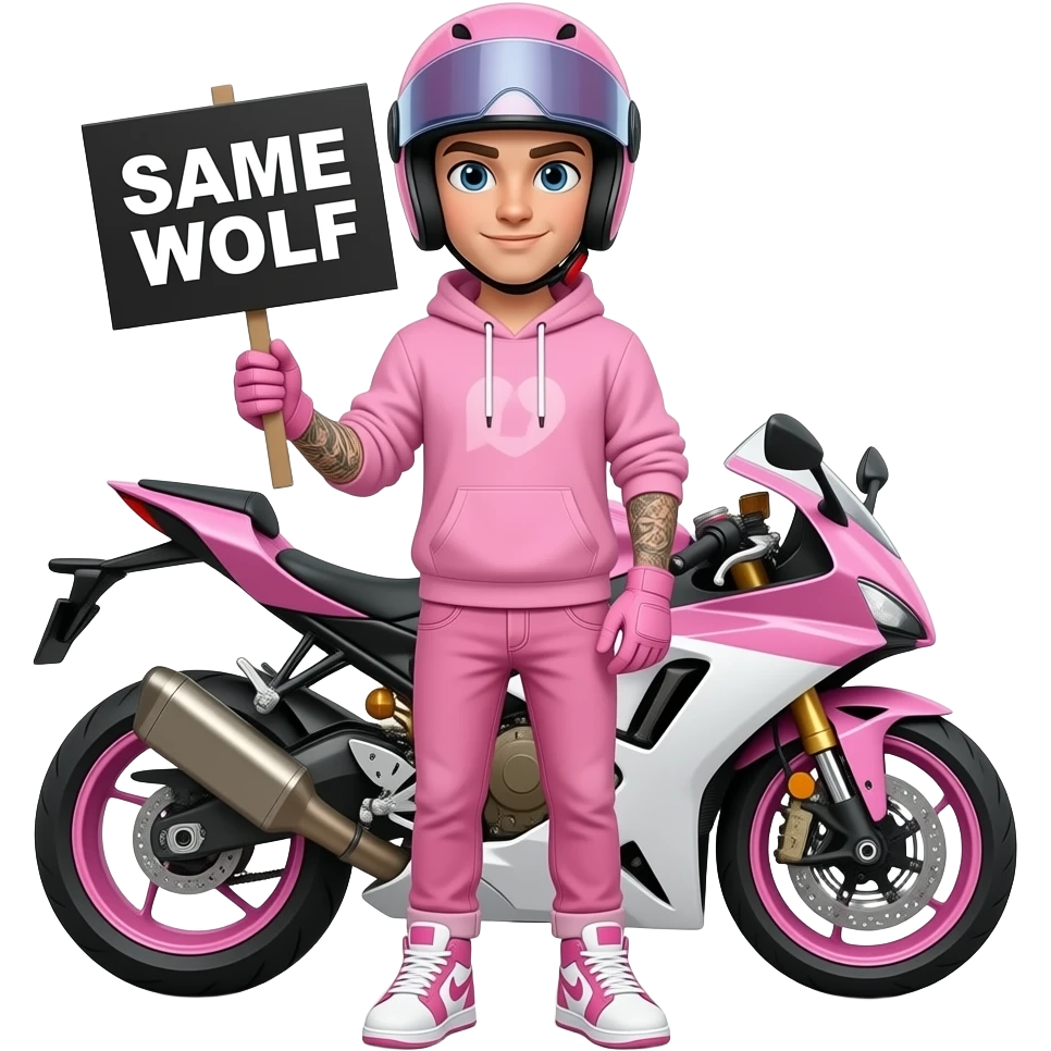 young man with pink jeans and a pink hoodie wearing white pink sneakers and pink gloves, tattoos on both forearms also he wears a pink motorcycle helmet with dark full vision and stands in front of a pink white motorcycle, is holding a black sign with SAME WOLF written on it emoji