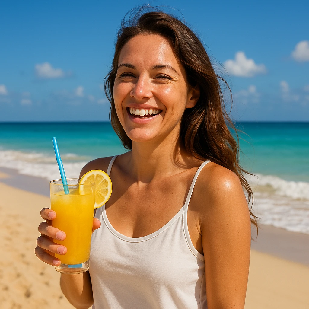 take this picture of a woman and make it  beach photo with drink emoji