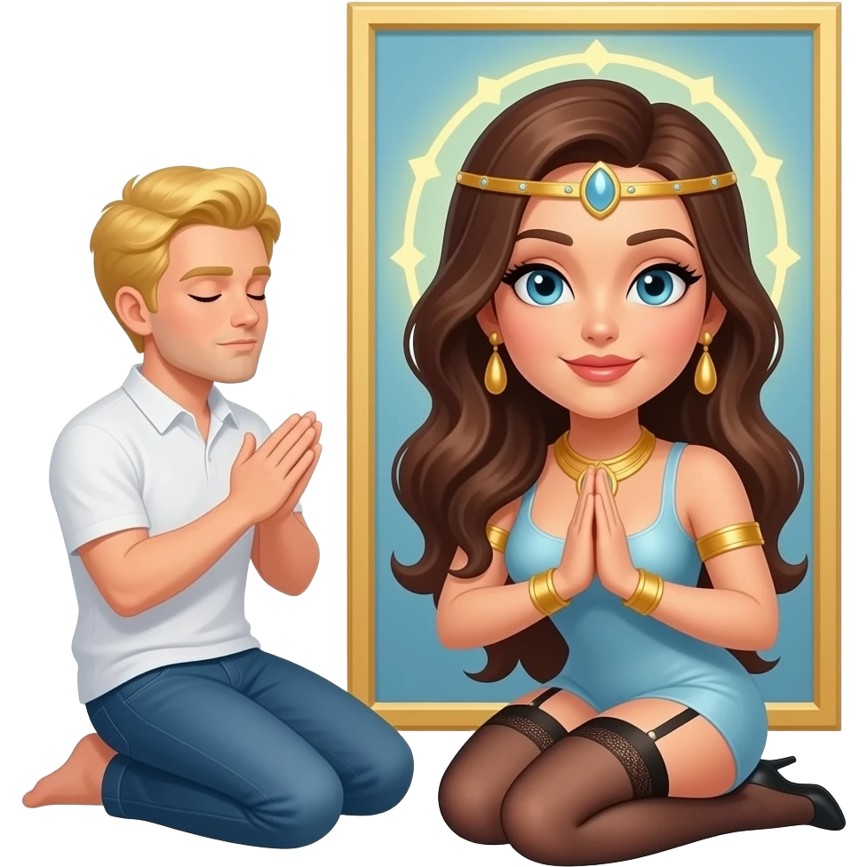 Blonde man with closed eyes kneelong to a brunette femdom goddess emoji
