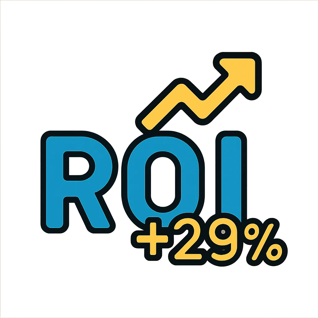text 'ROI +29%' in bold font, deep cyan blue color, lineal color icon style with black outlines emoji