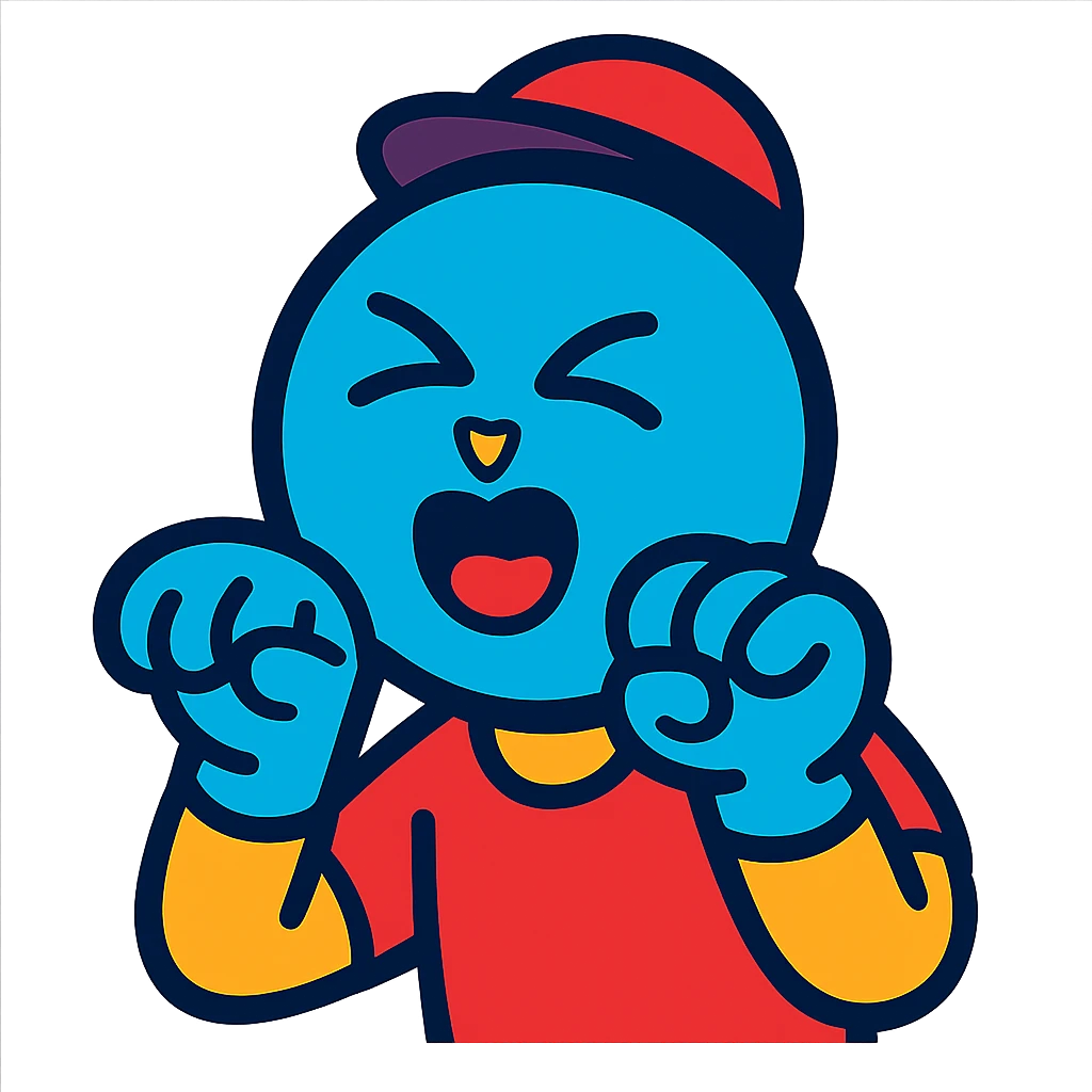 circle face with blue skin, mewing with his hands, vibrant toon style emoji