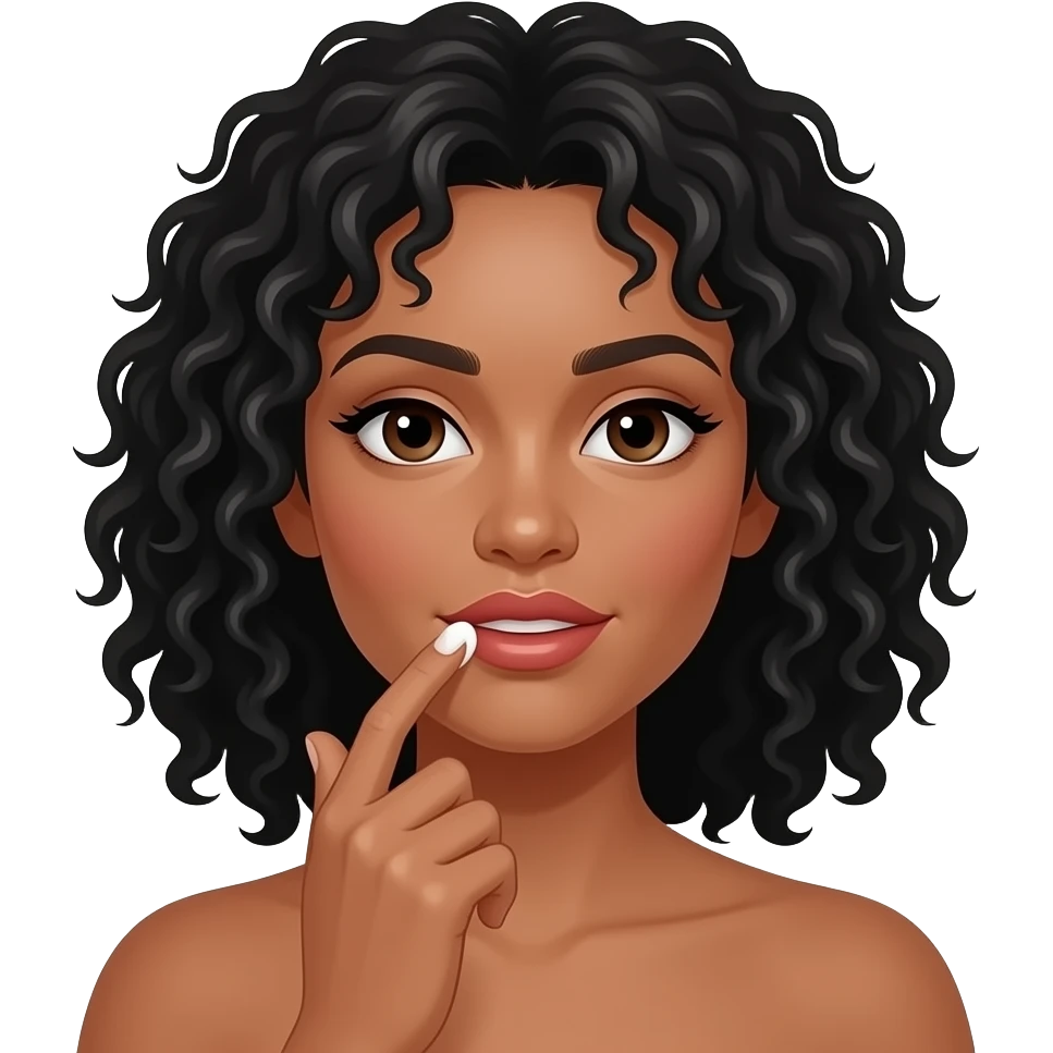 Medium-light skinned woman with black curly shoulder-length hair spreading cream above her upper lip with her fingers. emoji