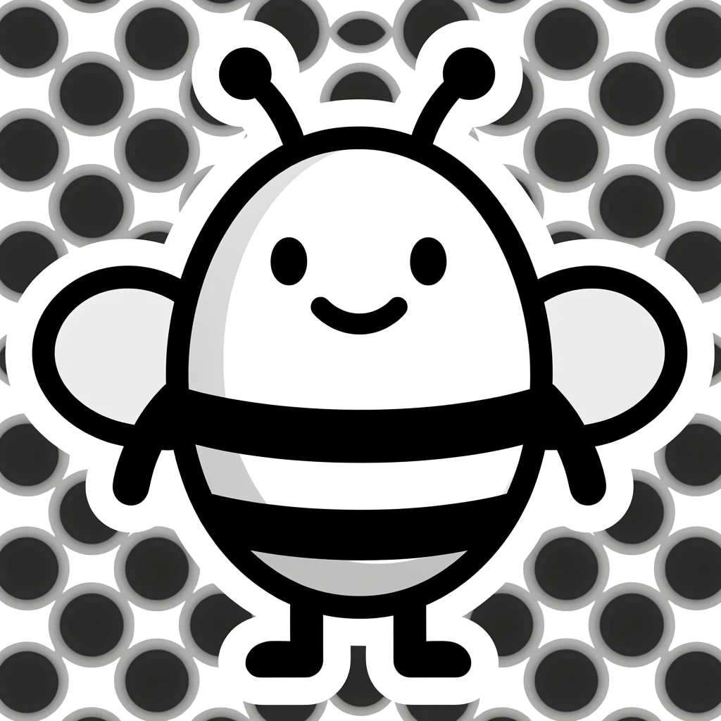 minimal bee mascot, simple oval body, smiling with small curved line, dot eyes, ultra minimal black and white, bold outline, white sticker border emoji