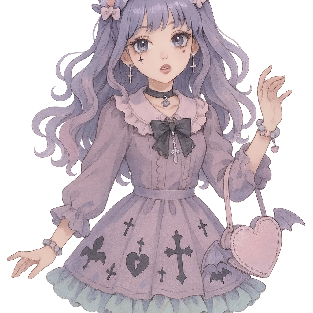 gothic K-pop girl, dreamy pastel goth style, soft colors with gothic details, whimsical pose, cute accessories emoji