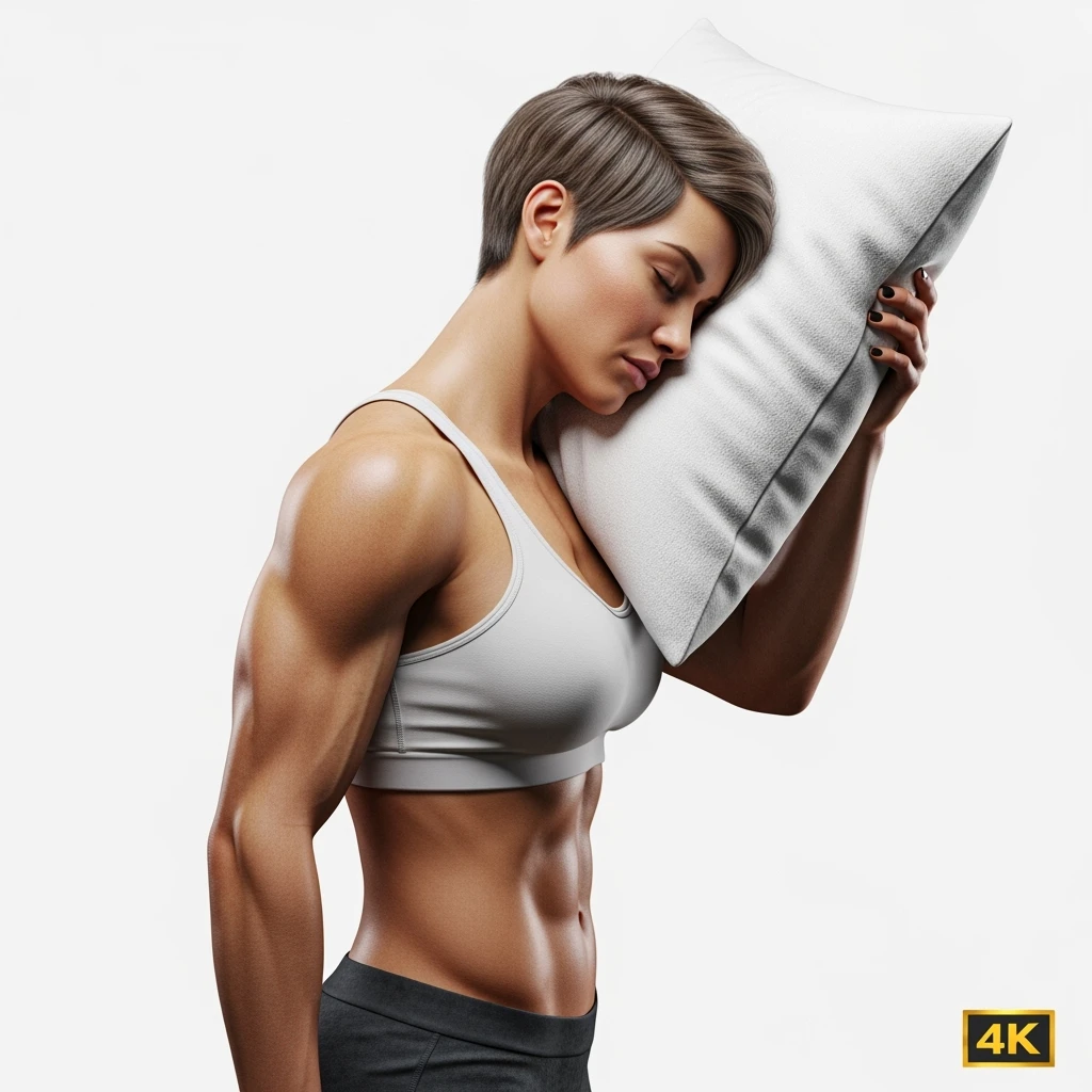 DONNA FITNESS IN PIEDI CON CUSCINO DIETRO LA TESTA MENTRE PROVA A DORMIRE, IPERREALISTICA 4K, SENZA SFONDO emoji