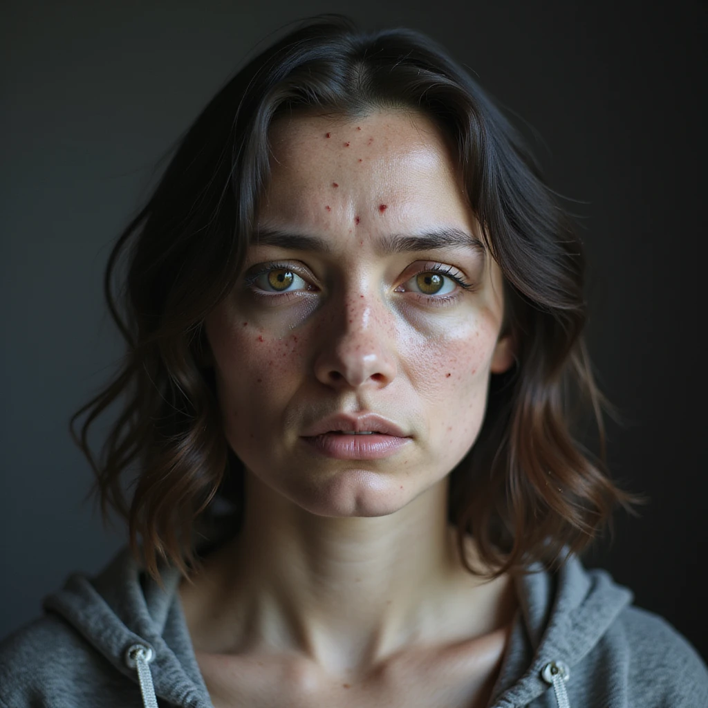 hyperrealistic 4K image of a woman with PCOS showing a very wide central part in her hair, visible scalp areas, face with acne and fine hair, sad expression, detailed emoji