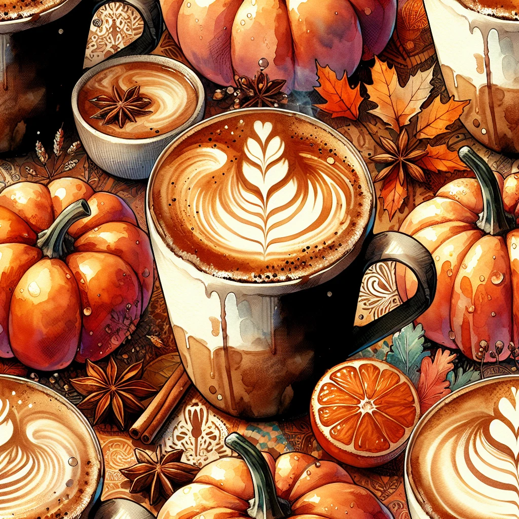 coffee latte art seamless background, pumpkin spice latte, creamy brown and orange tones, cozy autumn café vibe, watercolor effect emoji
