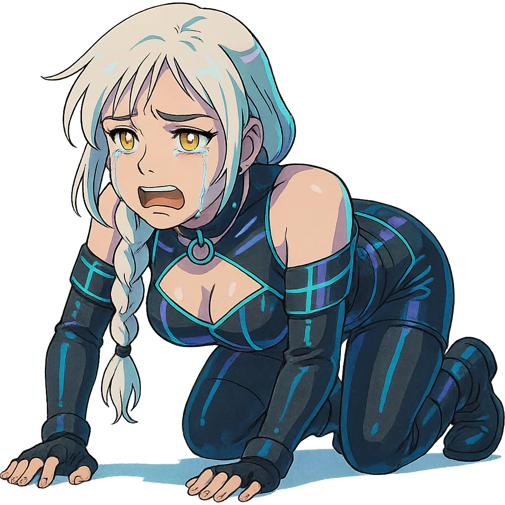  she is crawling, crying, utterly defeated, a closeup portrait of young woman with gold yellow eyes, white hair, long braid, black off-shoulder top d-cup, punk gothic style, futuristic cyberwave cyberpunk, sitting position
 emoji