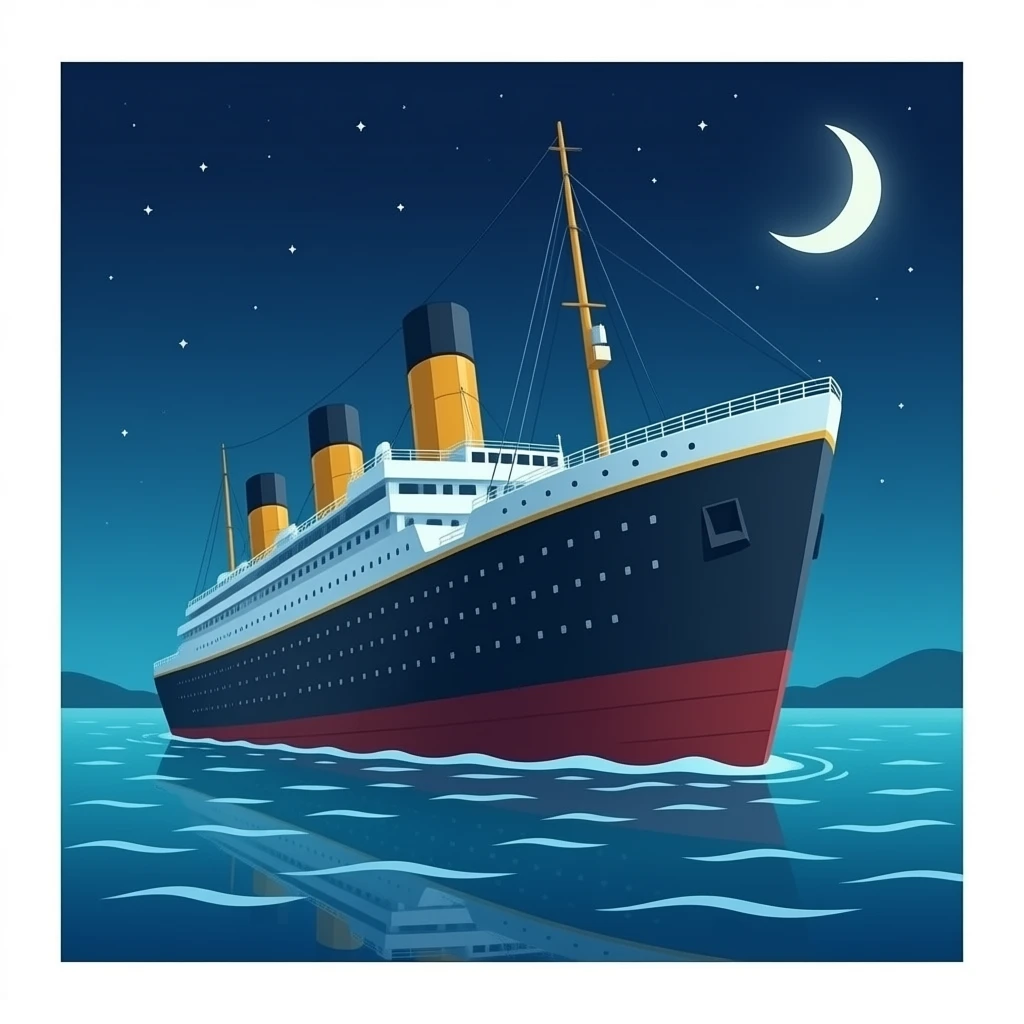 The sunken ship Titanic floats in the night sky above a shallow pool of water - sideways emoji