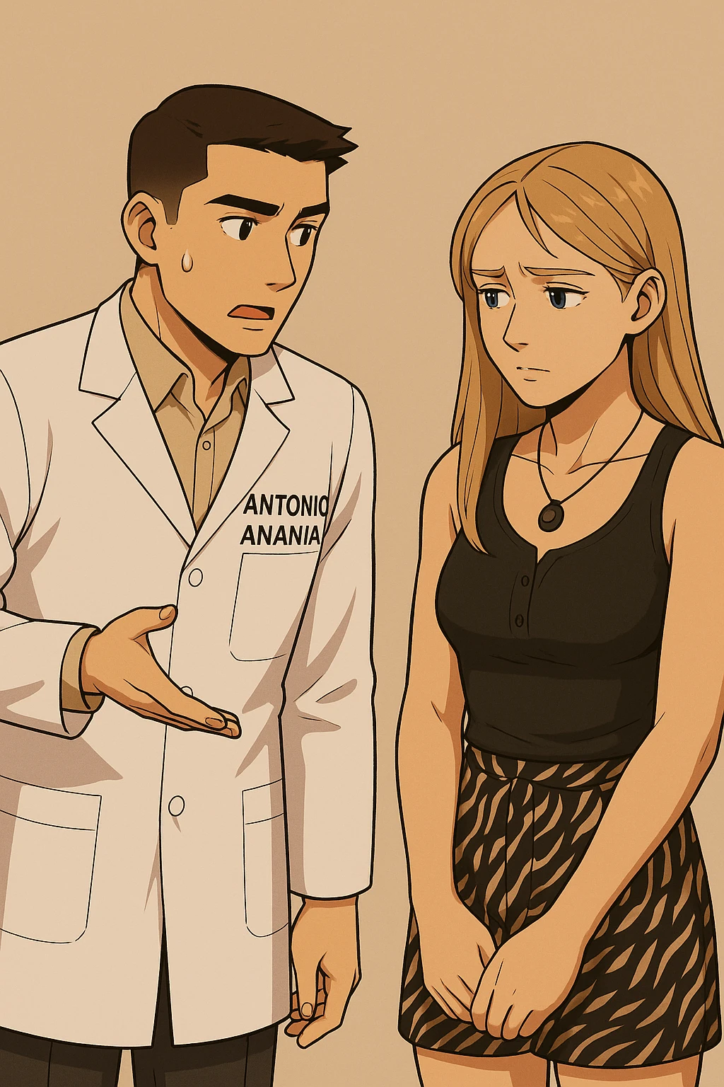 fai un webtoon/manga a colori con questo kinesiologo in camice bianco (fagli la scritta "ANTONIO ANANIA" SUL CAMICE) CHE PARLA CON QUESTA RAGAZZA CON GLI OCCHI AZZURRI. la ragazza gli fa una domanda preoccupata e IL KINESIOLOGO CON IL CAMICE BIANCO LE risponde. NON FARE I FUMETTI, FAI SOLO LORO COME SE DIALOGASSERO emoji