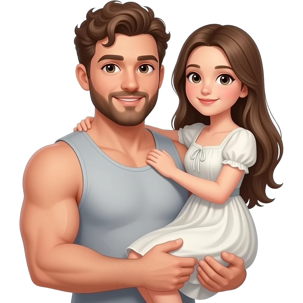 Realistic white skin brown short curly hair with beard muscular man carrying white skin long straight brown hair girl wearing aesthetic dress HD emoji