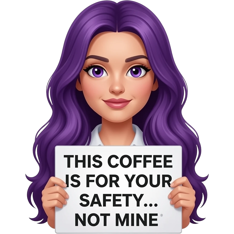 sexy girl with long purple hair and purple eyes holding a This COFFEE is for YOUR SAFETY... NOT MINE sign emoji