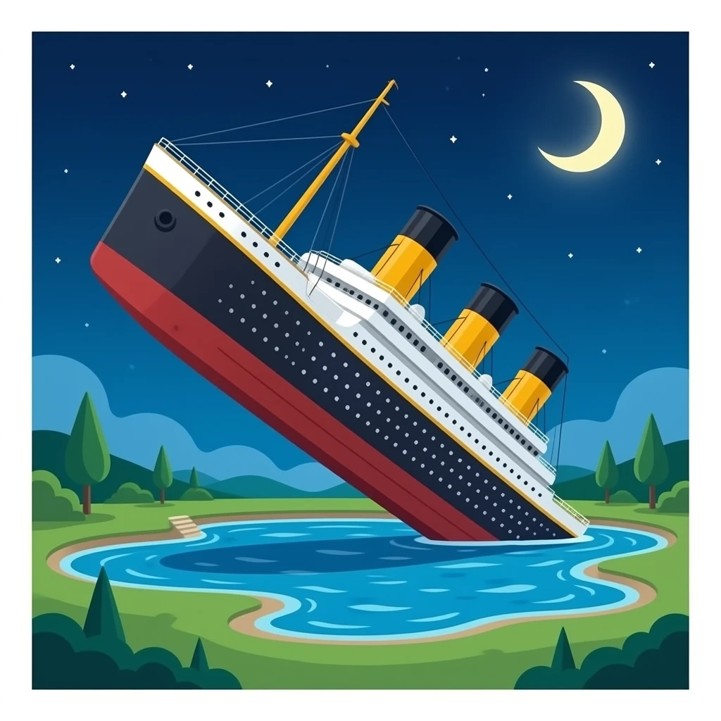 The sunken ship Titanic floats in the night sky above a shallow pool of water - sideways emoji