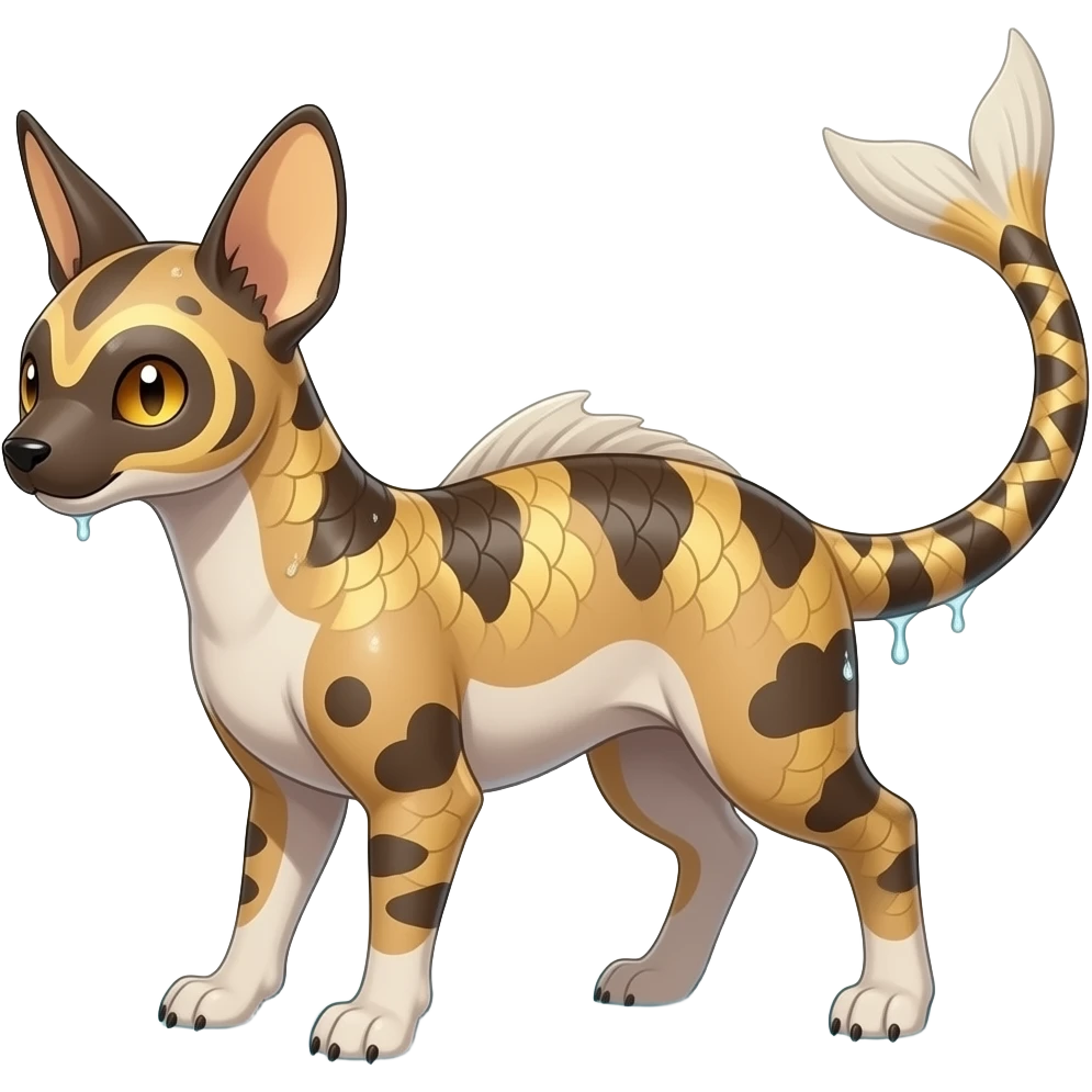 Hyper-realistic cute Japanese oriental Asian Edgy badass swimmy wet painted intricate ornate Japanese Asian koi-Minccino-Lykoi-Emolga-Sphynx-Linoone-Zangoose-fusion-hybrid-animal-Fakémon-creature, full body, thin long sleek scaly tail, intricate markings emoji
